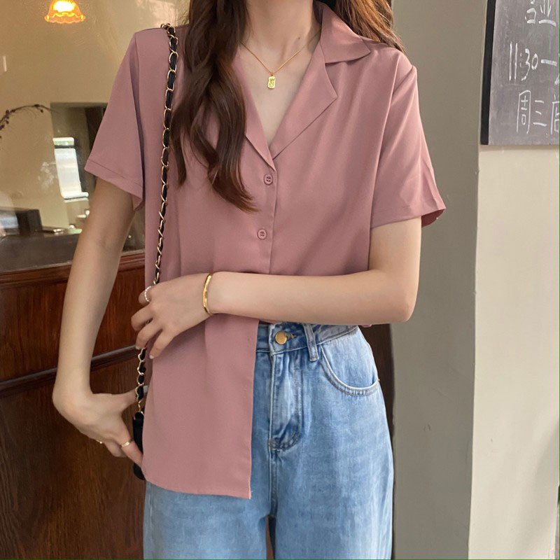 Áo sơ mi nữ cộc tay cổ vest màu trơn pastel - áo sơ mi cộc tay trơn nhiều màu dáng rộng cổ vest nữ