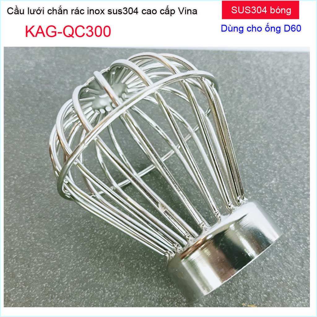 Cầu chắn rác sân thượng KAG-QC300  (ống D60), Cầu chặn rác Inox 304 đế thấp thả ống D60 lưới lọc rác thoát nước mưa