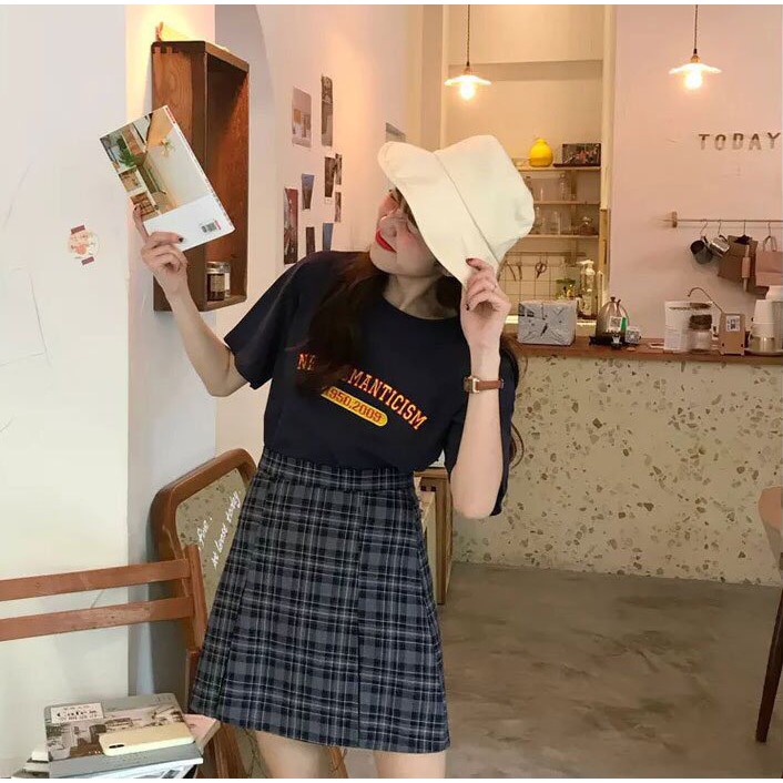SET ÁO PHÔNG XANH THAN MIX CHÂN VÁY CARO KẺ NEO 1950-2009 Ulzzang có lót trong
