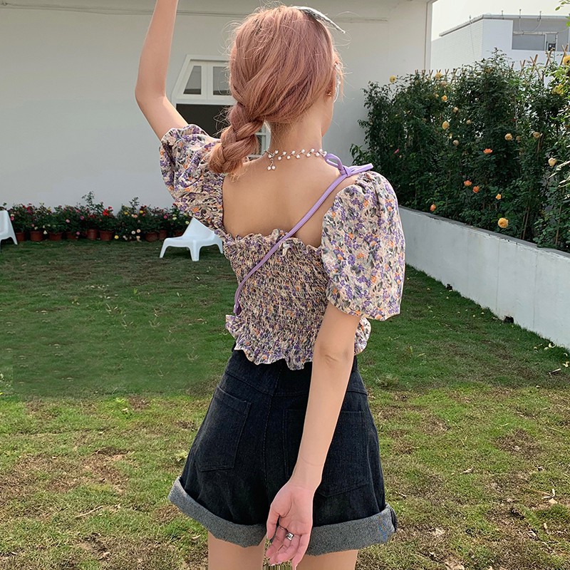 Áo Kiểu Tay Ngắn Cổ Vuông In Họa Tiết Hoa Ngọt Ngào Quyến Rũ Cho Nữ | BigBuy360 - bigbuy360.vn