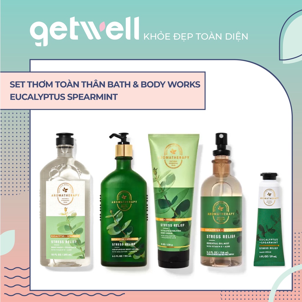Set Xịt Tinh Dầu Sữa Tắm Sữa Dưỡng thể Kem Nến thơm Bath & Body Works Aromatherapy - STRESS RELIEF EUCALYPTUS SPEARMINT
