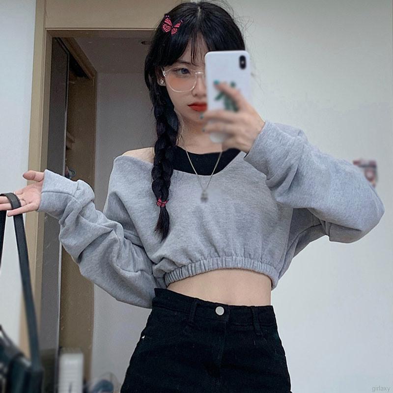 Áo Croptop Nữ Tay Dài Trễ Vai Màu Trơn Phong Cách Hàn Quốc