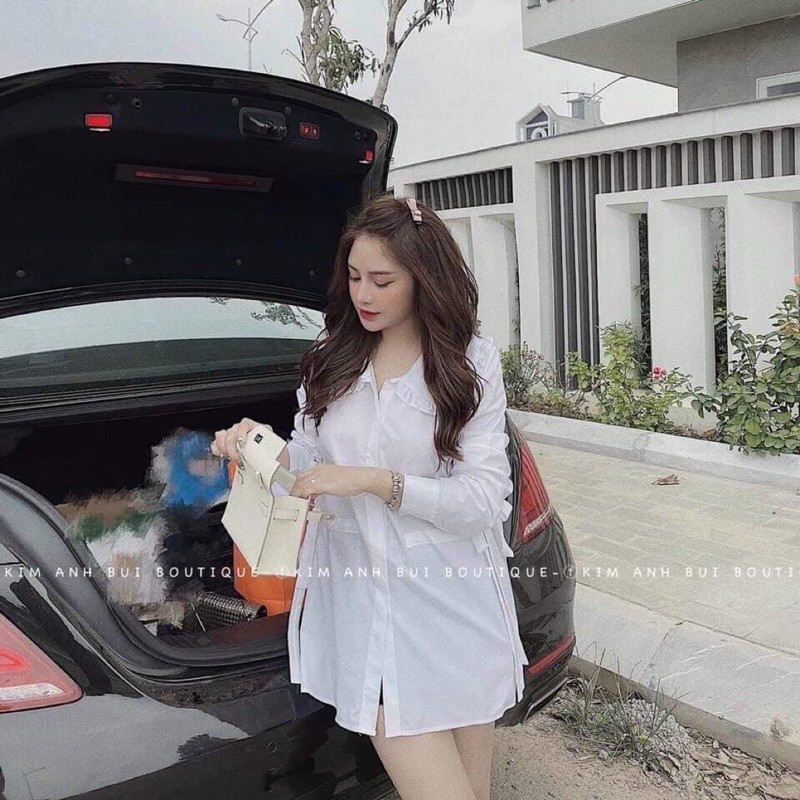 [Mã WAMT10K giảm 10k cho đơn 0k] Áo sơmi dáng dài, áo cổ thuyền viền bèo thắt nơ 2 bên(kèm video ảnh thật) 100k | BigBuy360 - bigbuy360.vn