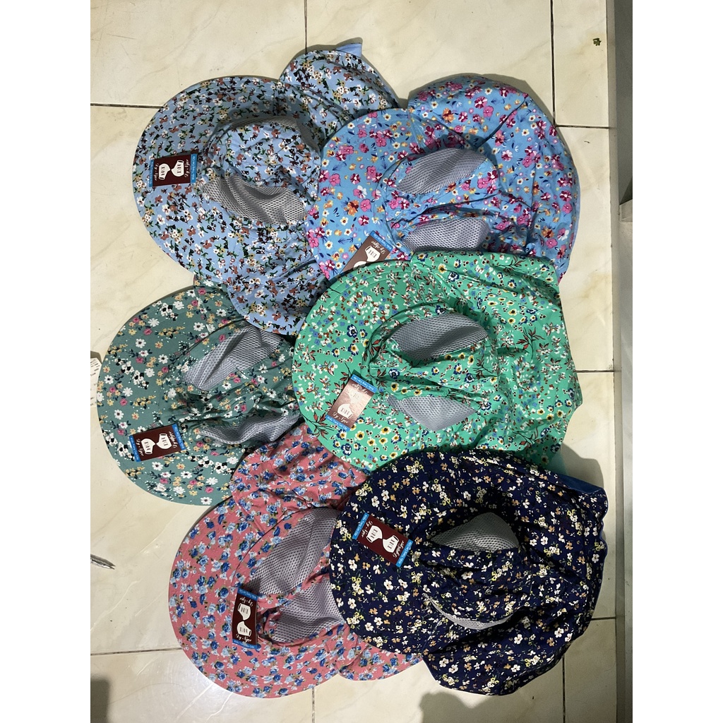 Khẩu trang nón Duy Ngọc vành tròn hoa nhỏ nhiều màu chất liệu cotton và lưới, thoáng mát, che vai và cổ