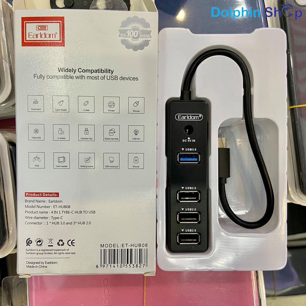 Cáp Usb Hub Earldom HUB - 08 Type C Hỗ Trợ 3 Cổng USB 2.0 và 1 cổng USB 3.0