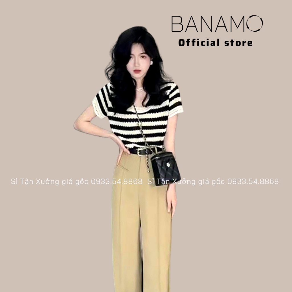 Áo len dệt kim ngắn tay họa tiết kẻ ngang phong cách hàn quốc thời trang Banamo Fashion áo len kẻ ngang 3415