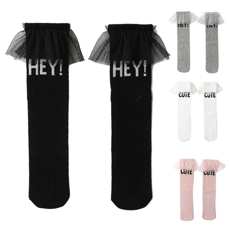 Vớ cotton mềm cao tới gối viền ren in chữ dành cho bé gái