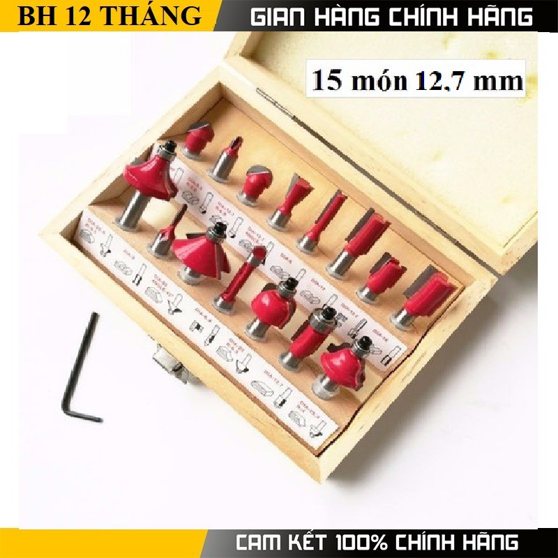 Bộ 15 mũi phay gỗ cốt 12ly7 - Mũi soi gỗ