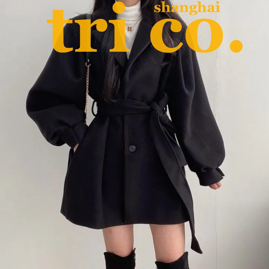 [free gift] Áo khoác gió dáng rộng màu đen phong cách retro Hàn Quốc thời trang thu đông cho nữ