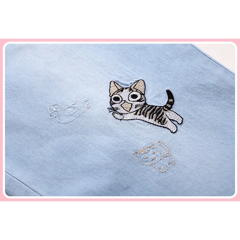 Quần lửng thêu 2 mèo - Xanh nhạt