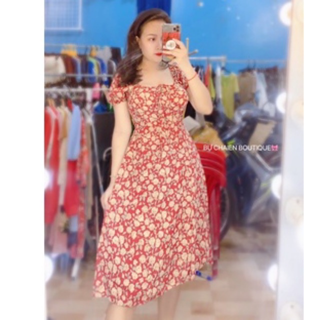 Đầm hoa nhún ngực hoạ tiết hoa hồng nền đỏ