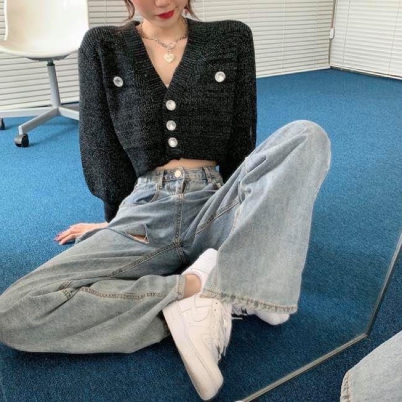 Áo cardigan len dày dặn tay dài cánh dơi croptop cổ v cao cấp - Order taobao quảng châu