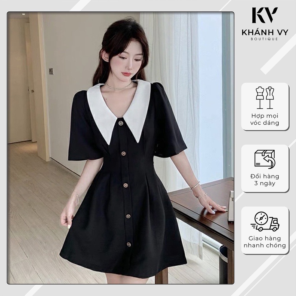 Váy Cổ Sen Phối Nút Đính Đi Tiệc, Đi Chơi- Khánh Vy Boutique