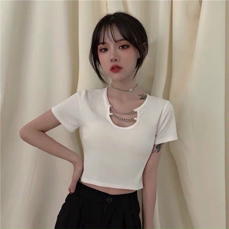 Áo croptop nữ tay ngắn kiểu phối xích chất vải thun Borip