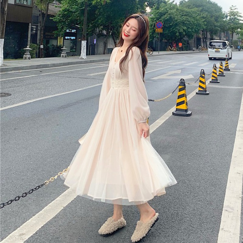 (ORDER) Váy xòe phối voan lưới vintage công chúa cổ tích điệu đà cổ khuy thon eo nhẹ nhàng (HÀNG_MỚI_VỀ)