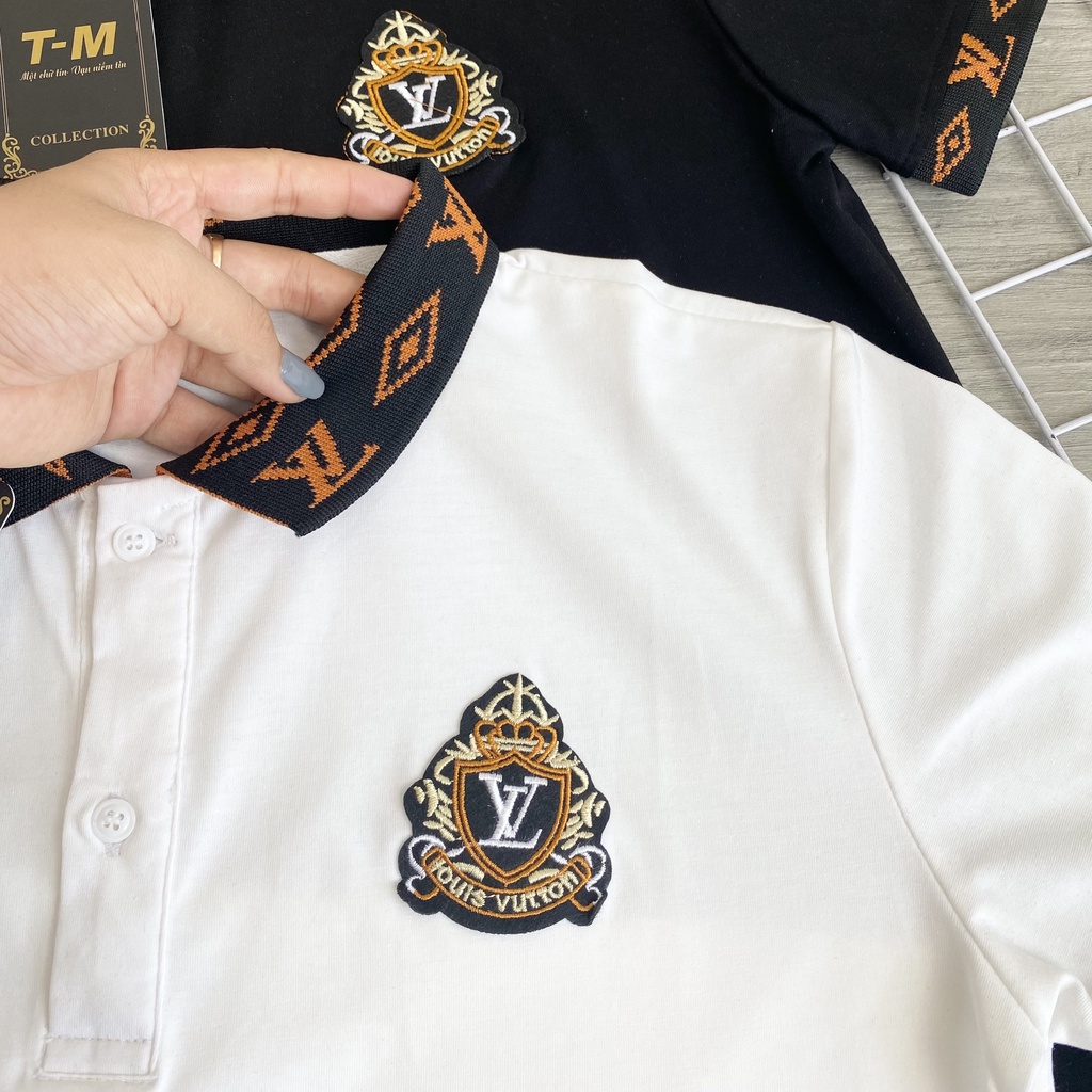 Áo thun nam cổ trụ tay ngắn phối cổ,thêu ngực họa tiết logo LV áo chất cotton thoáng mát thời trang mùa hè hot trend