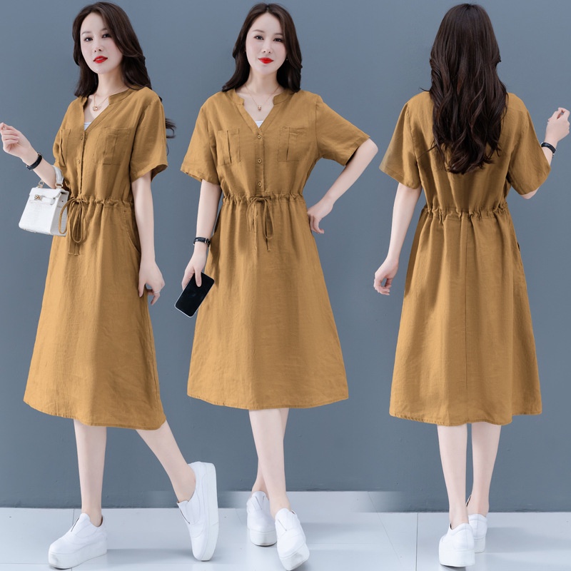 ( HÀNG SẴN) Đầm suông linen cổ V thắt eo 2 màu,thời trang nữ phong cách trẻ trung hàng mới về
