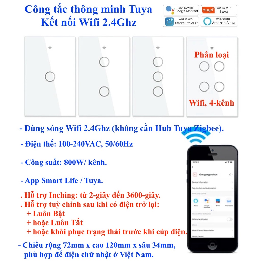 Công tắc thông minh Tuya, kết nối Wifi, loại 1/2/3/4 nút/ kênh/ gang, App Smart Life/ Tuya/ Home Assistant (Hass) -