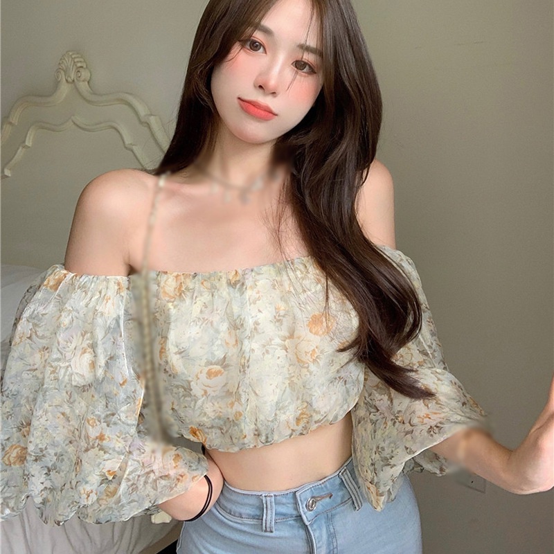 Áo Voan Trễ Vai Tay Loe In Họa Tiết Hoa Dễ Thương Dành Cho Nữ