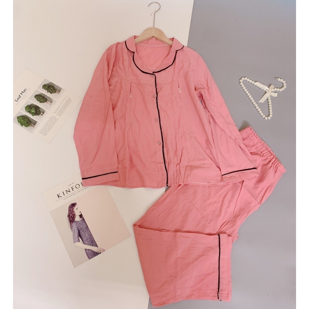 Bộ Bầu Sau Sinh Pijama Chất Đũi Hàn Viền Đen Siêu Mềm, Mát Có Khóa Cho Con Bú Cao Cấp (Free Size 45-65kg)