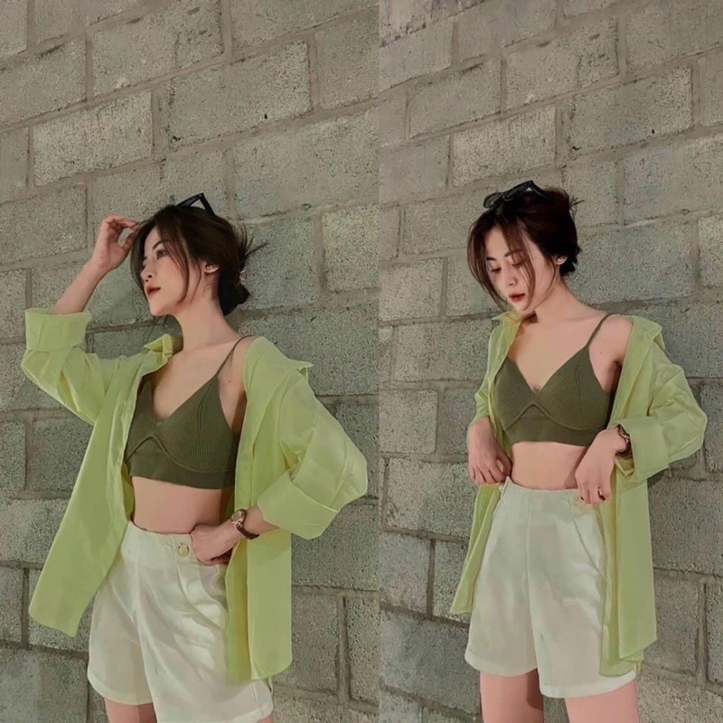 Sét bộ 3 món Áo Khoác Sơmi Tay Dài Màu Xanh Bơ kèm Áo Bra phối Quần Đùi Năng  Động Cá Tính