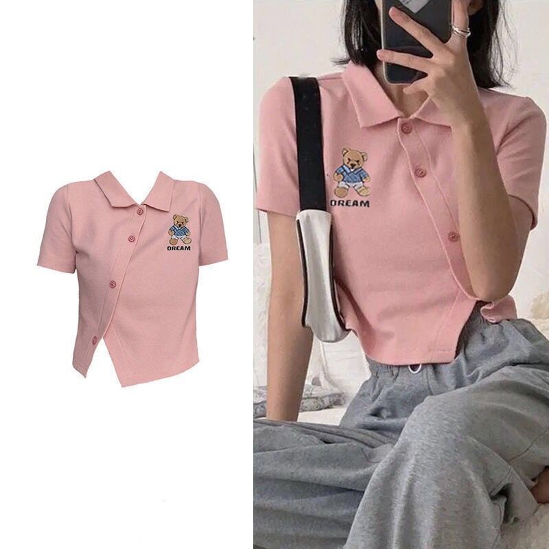 Áo crop top tay ngắn họa tiết thêu xinh xắn dễ thương