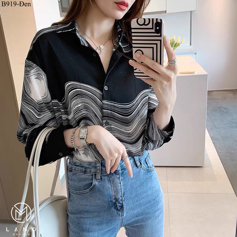 Áo sơ mi công sở nữ họa tiết from rộng dài đuôi tôm LAMO- B919