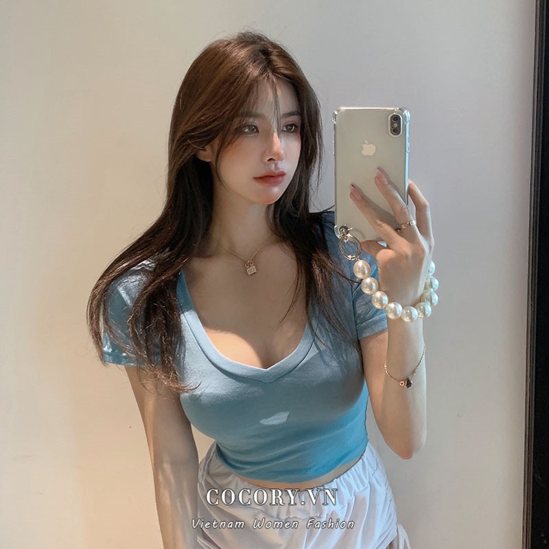 Cocory vn Áo croptop tay ngắn cổ chữ V màu trơn tùy chọn phong cách đơn giản