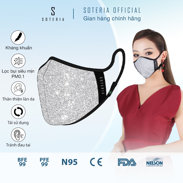 Khẩu trang tiêu chuẩn Quốc Tế SOTERIA Silver ST274 - Bộ lọc N95 BFE PFE 99 lọc đến 99% bụi mịn 0.1 micro-Size S,M,L