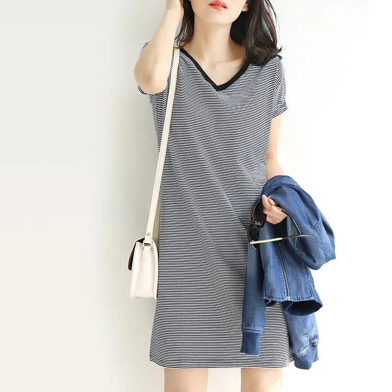 Đầm Tay Ngắn Cổ Chữ V Hoạ Tiết Kẻ Sọc Có Size Lớn C9340