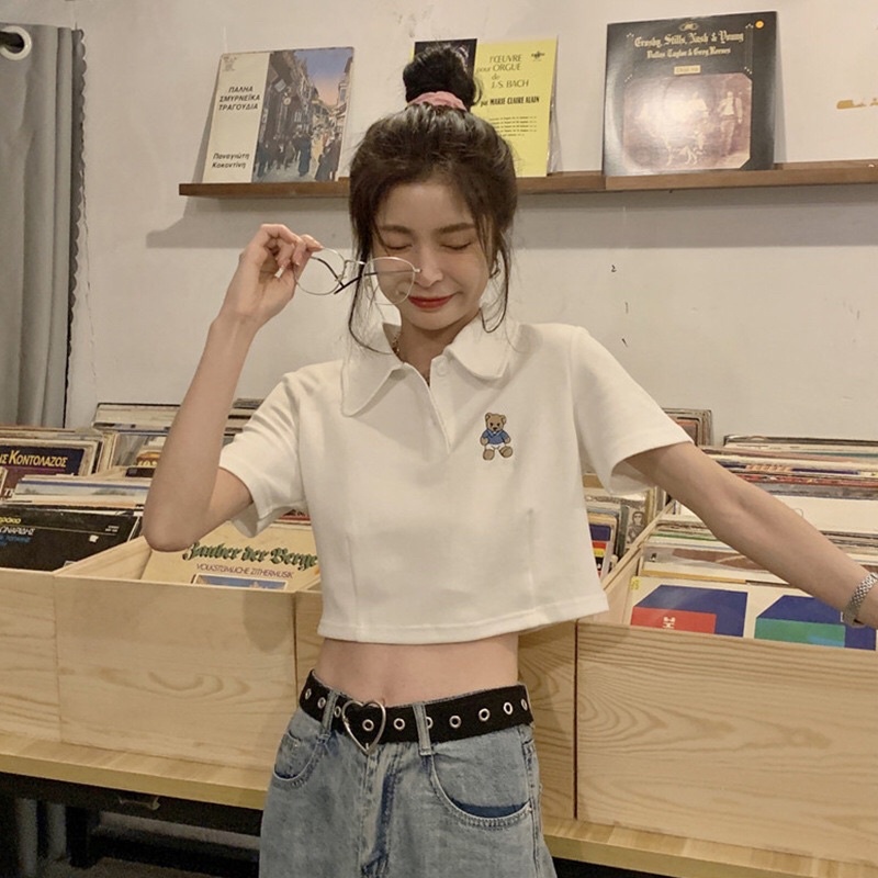 🍑Áo Thun Croptop Polo Cổ Trụ Ngắn Tay In Hình Gấu 🐻 Đáng Yêu - Mã: 459🍑 TV - Fashion