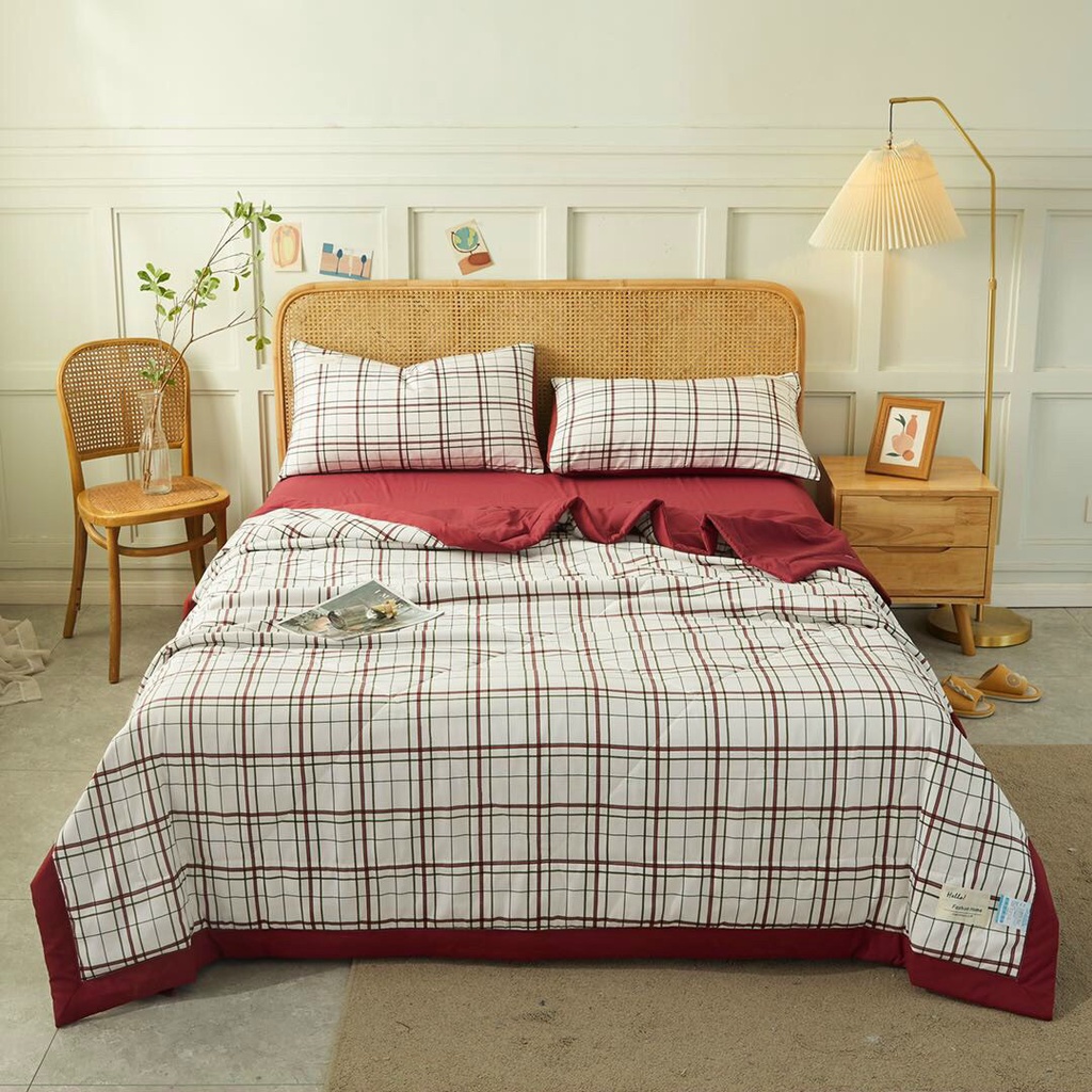 Bộ Chăn Ga Gối Cotton Tici Kẻ Chăn Chần Mềm Mịn Full Size Ga Giường