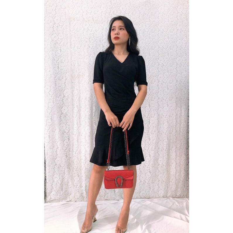 Đầm ôm cổ đắp chéo, xếp ly eo, bèo lai tôn dáng S&amp;M GR195- Hình thật do shop chụp