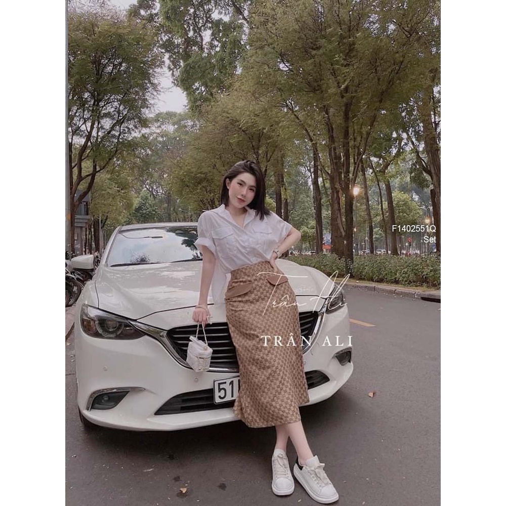 Set áo sơ mi trắng tay con phối chân váy đắp túi nắp dáng dài