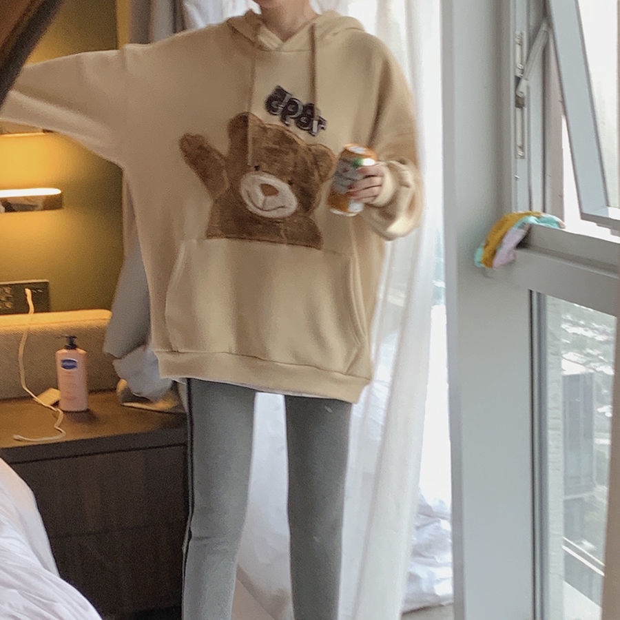 Áo hoodie dài tay dáng rộng in họa tiết hoạt hình phong cách Hàn Quốc thời trang thu đông xinh xắn cho nữ