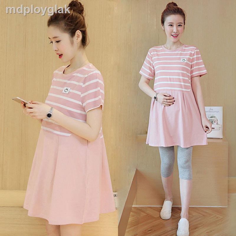 Maternity dress summer fashion Korean short-sleeved striped suit tops go out mid-length two-piece | BigBuy360 - bigbuy360.vn