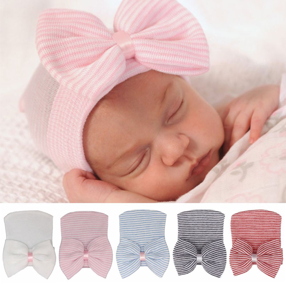 Mũ beanie mềm mại đính nơ họa tiết kẻ sọc dễ thương cho bé gái MIHAN1