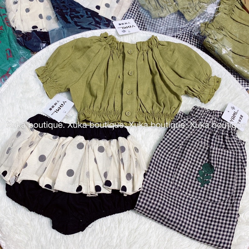 Quần Áo Bé Gái Mùa Hè Set Áo Trễ Vai + Quần Sóoc + Quần Kẻ QC Cao Cấp Nhà YAMI kids Mẫu Mới 2022 [ Ảnh Thật]