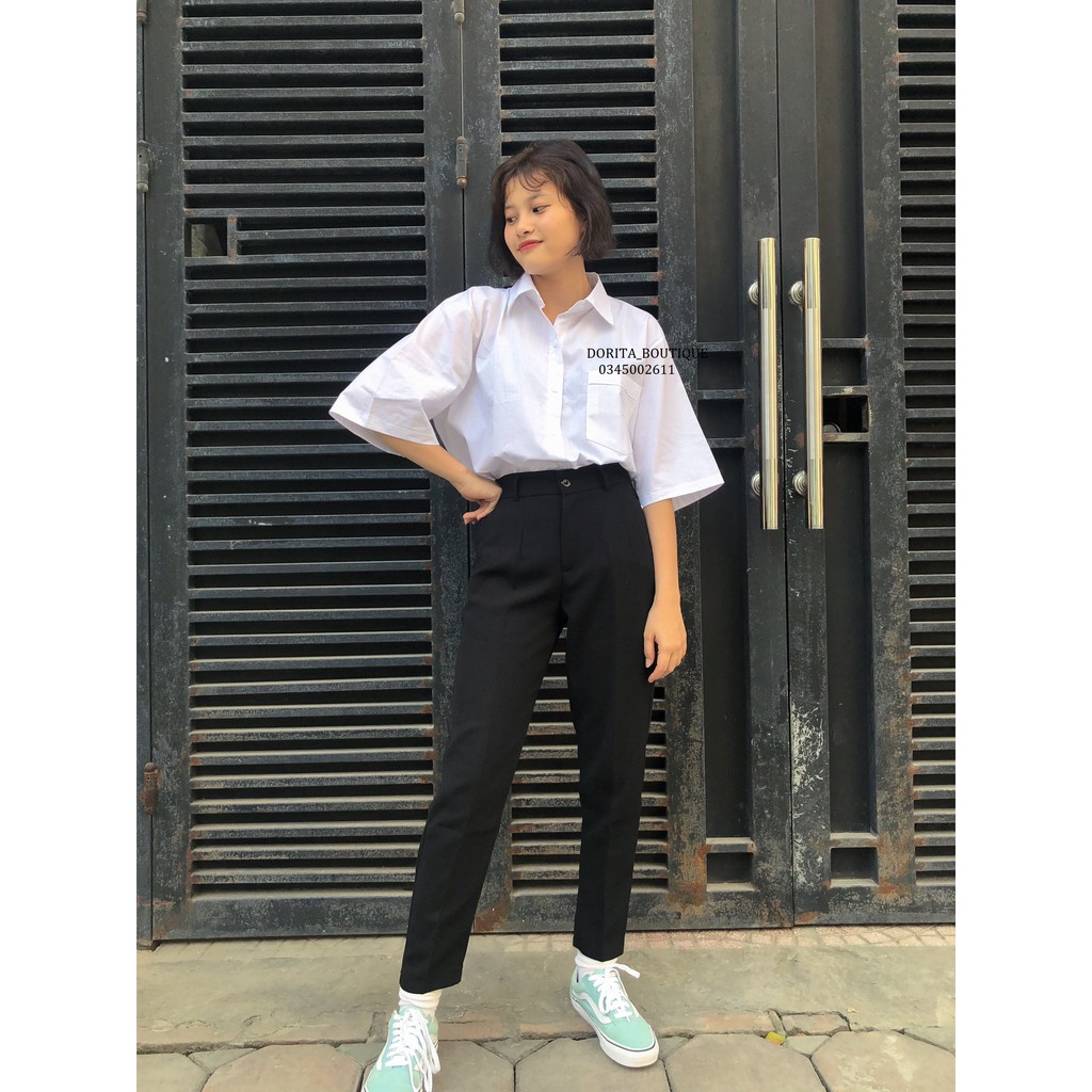Áo sơ mi trắng BASIC, Áo sơ mi túi ngực form rộng - Dorita Boutique