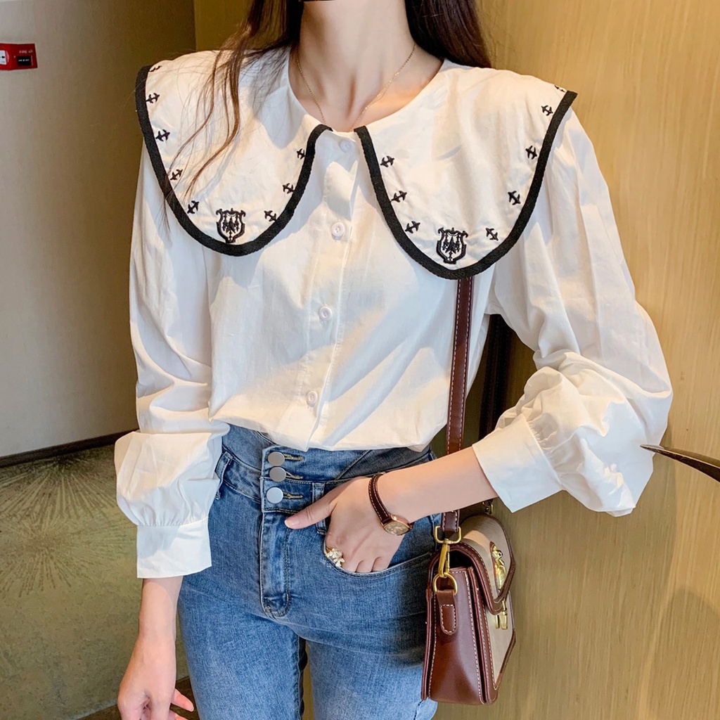 Áo sơ mi cổ sen bèo phối viền, áo bánh bèo nữ trẻ trung xinh xắn,thời trang ullzang hàn quốc