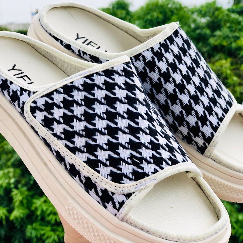 Giày vải unisex đạp gót ❤️FREESHIP + Hộp❤️  quai ngang thể thao nữ, sục hở mũi chất xịn, đế cao, Caro.đen trắng