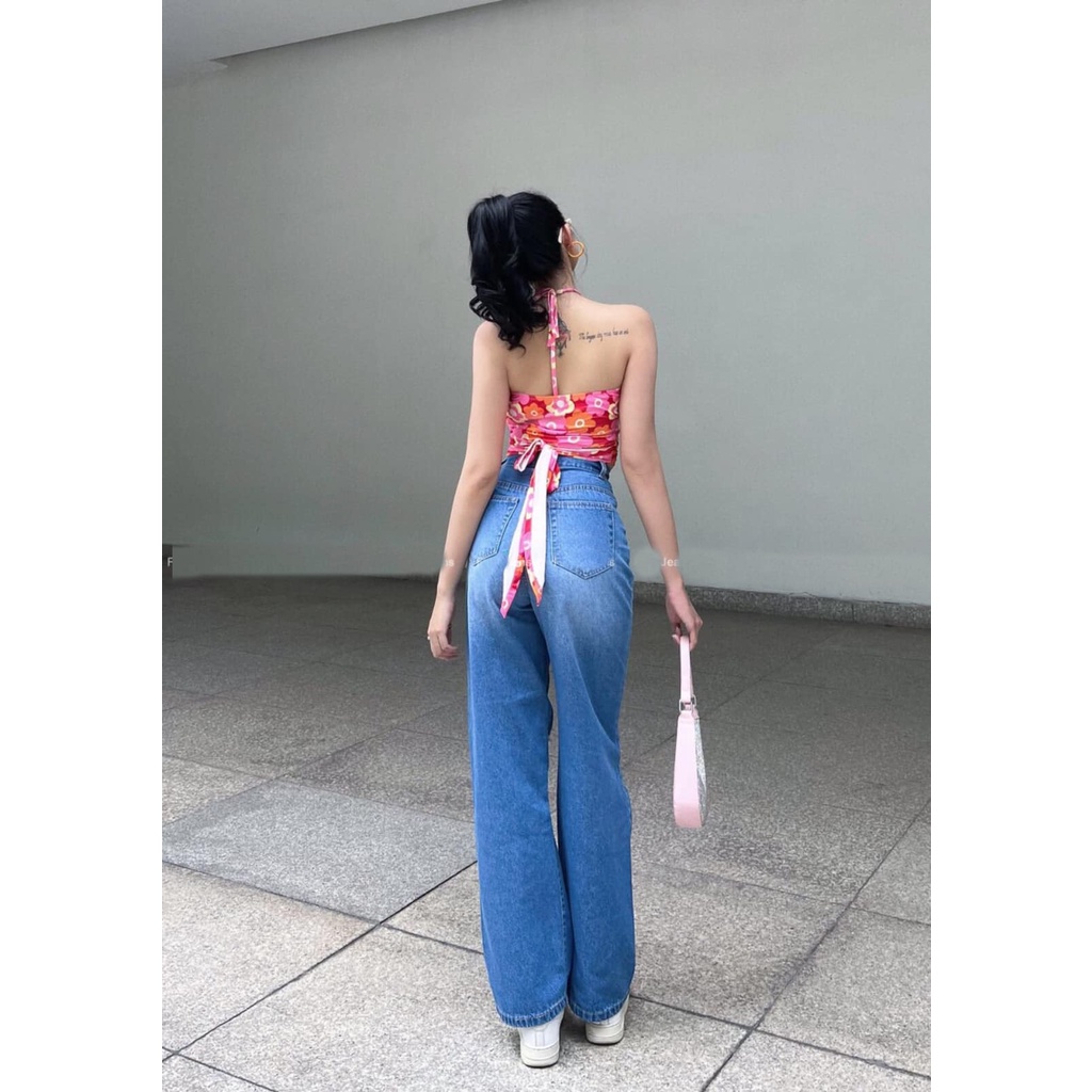 QUẦN JEANS ỐNG RỘNG NỮ LƯNG CAO RÁCH 2 CÀO CHỮ NHẬT ĐÙI MÀU XANH ĐẬM PHỐI PHUN THỜI TRANG LAI CUỐN DÀY DẶN PHÁ CÁCH HADI