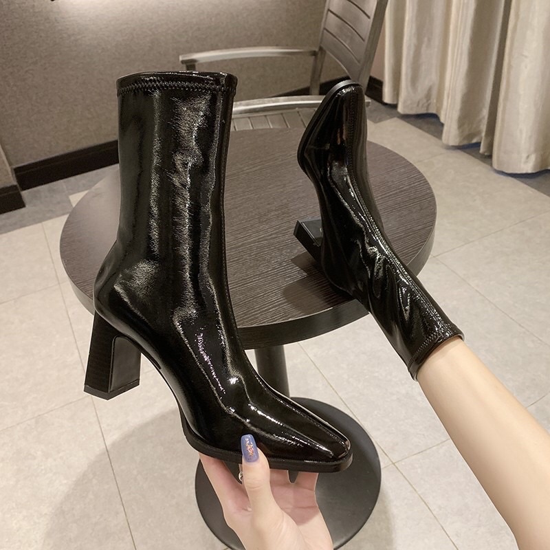 GIÀY BOOT NỮ DA BÓNG CỔ CAO ĐẾ VUÔNG VÂN GỖ M9019 Fullbox