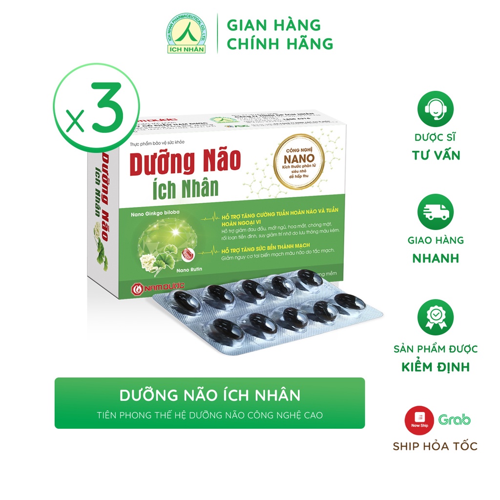 Combo 3 hộp viên uống Dưỡng Não Ích Nhân tăng cường lưu thông máu, giảm đau đầu mất ngủ, rối l