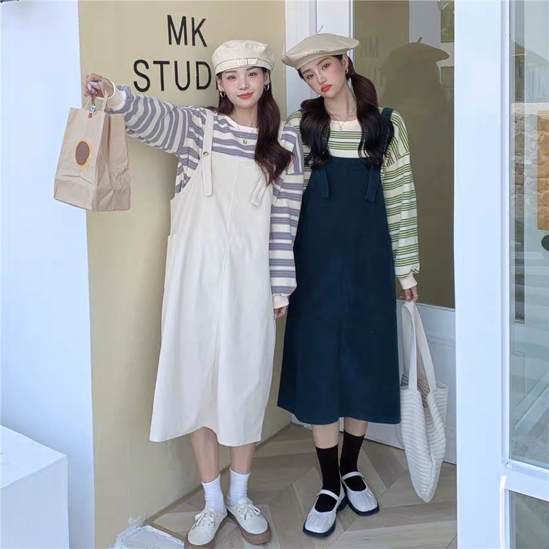 Set áo Len sweater chất dày dặn + váy yếm nhung tăm dáng suông phong cách Hàn Quốc