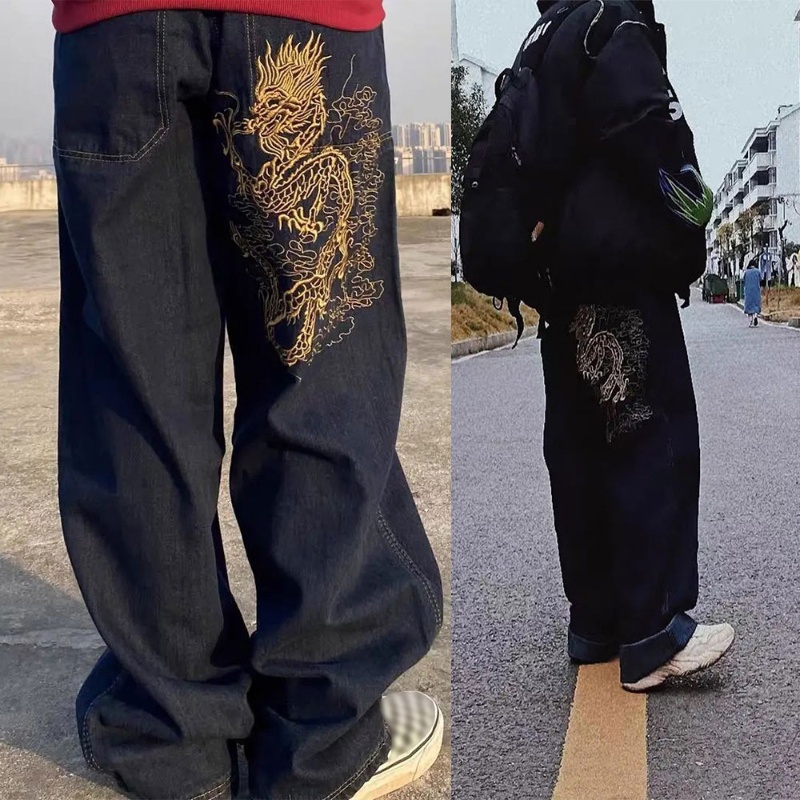 Quần Jean Baggy Ống Rộng Thêu Hình Rồng Cá Tính Phong Cách Harajuku Cho Nữ