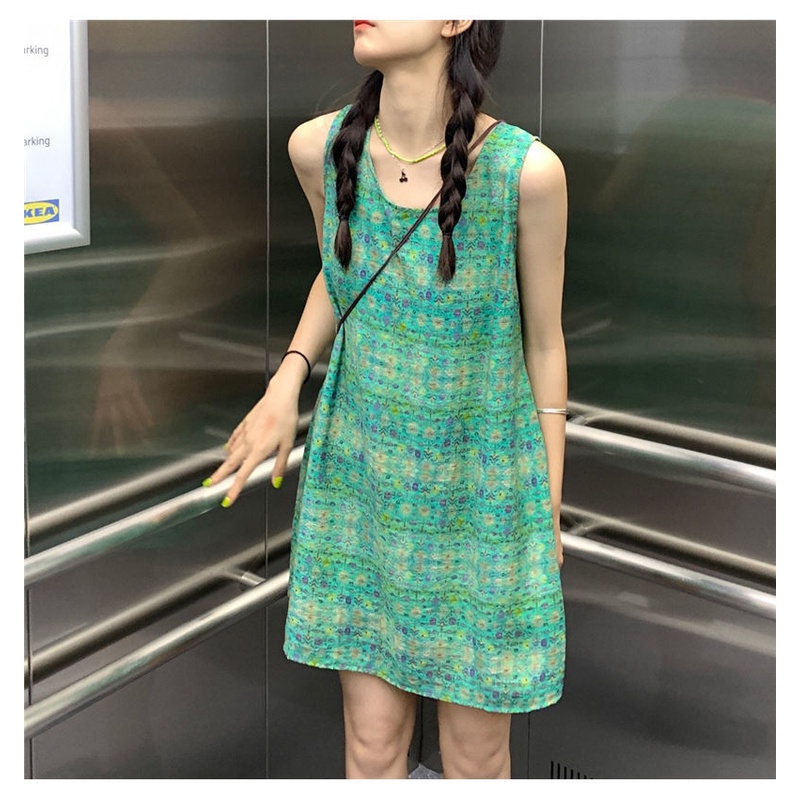 Đầm Sát Nách Cổ Tròn Form Rộng In Họa Tiết Hoa Phong Cách retro Hàn Quốc