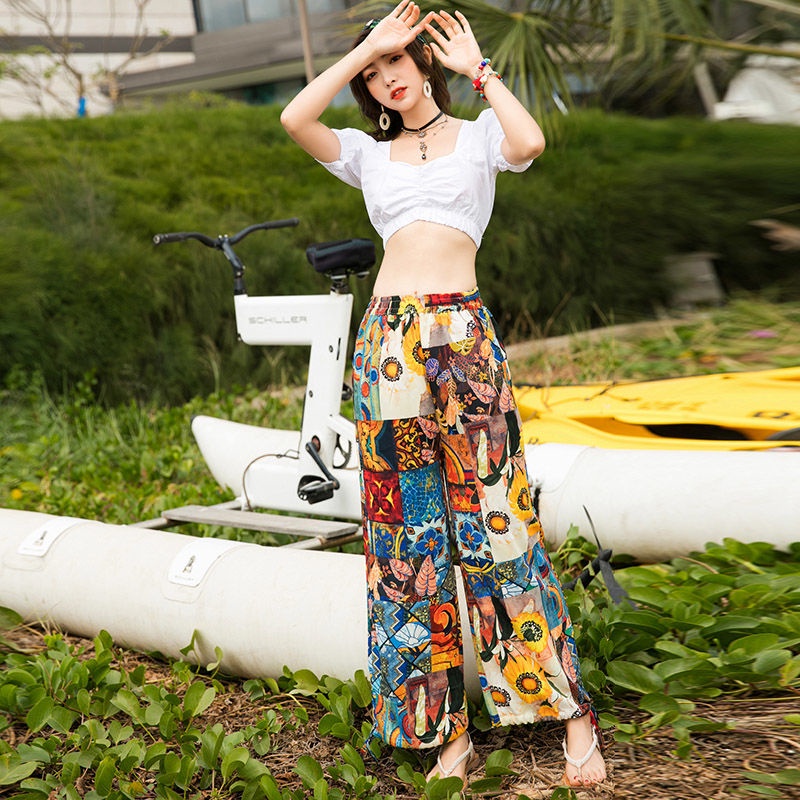 Quần Đi Biển Ống Rộng In Họa Tiết Phong Cách Bohemian Thái Lan Cho Nữ