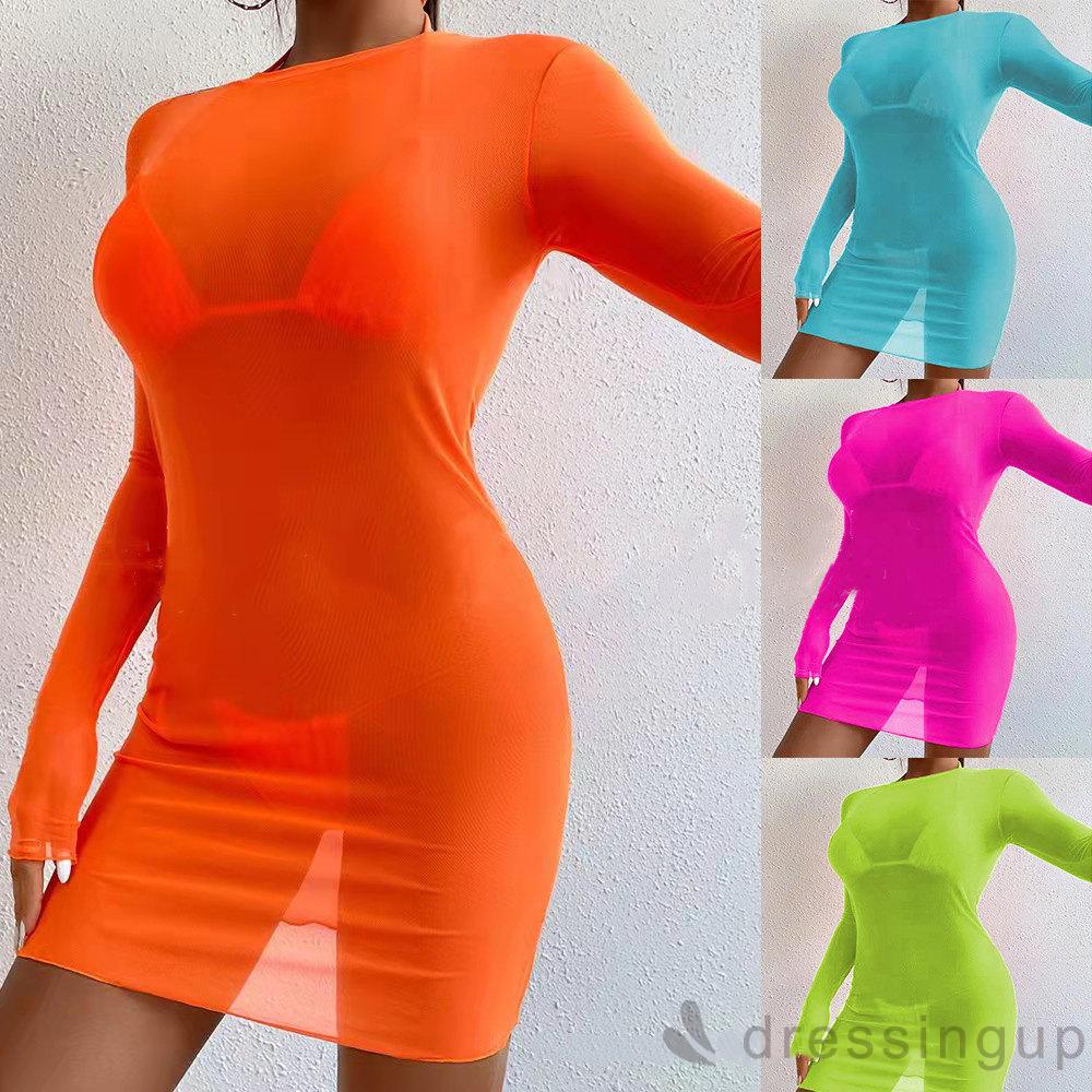 Bộ Đồ Bơi Bikini Cổ Yếm Màu Trơn Phối Quần Lọt Khe Xuyên Thấu Quyến Rũ Cho Nữ