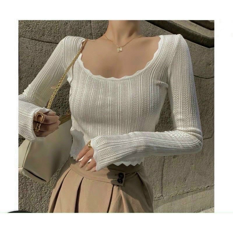 Áo thun gân len cổ V viền bèo tiểu thư NY alohashop91